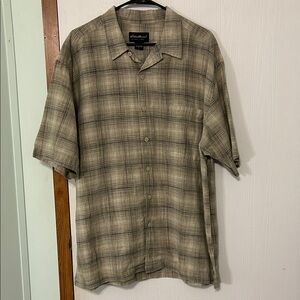Eddie Bauer Men's Casual Plaid Shirt - Tan and Brown Size Large